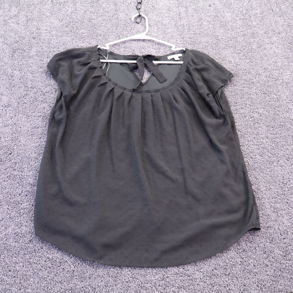 LC Lauren Conrad Blouse Womens Extra Large Black Swiss Dot Tie Neck Cap Sleeve